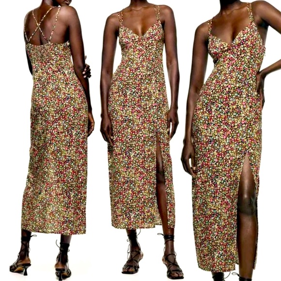Zara Dresses & Skirts - NEW Zara Black Multicolored Ditsy Mini Floral Print Side Slit Midi Maxi Dress XS